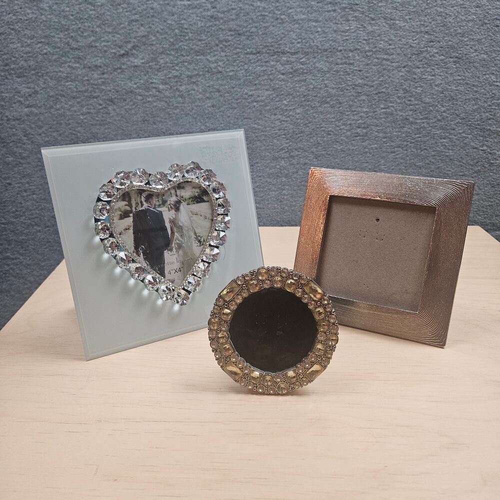 3 Bejeweled Rhinestone Heart Round & Bronze Textured Tabletop Picture Frames VTG